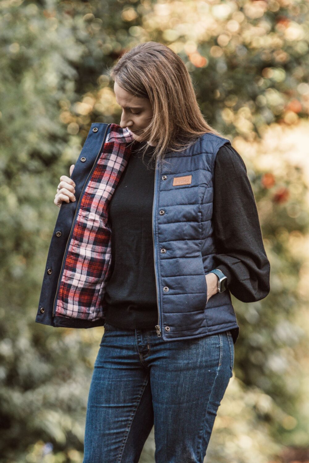 Women’s Slimline Wool Puffer Vest: Pink & Red Check